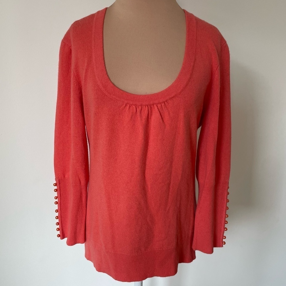 Beth Bowley Coral Cashmere Pearl Button Cuff U-Neck Sweater NWT Size Large $220